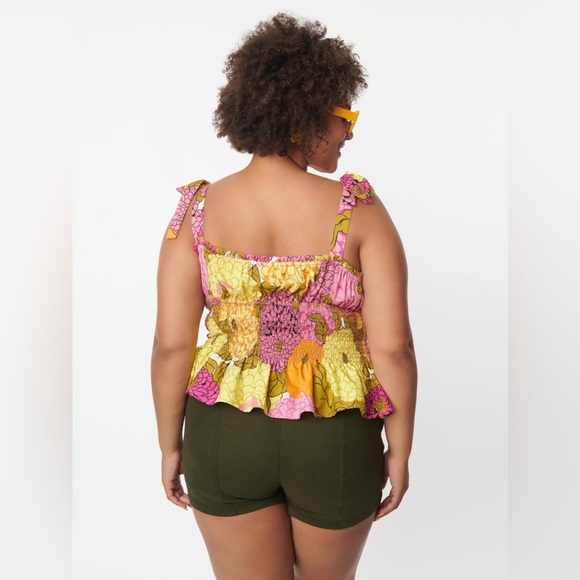 Unique Vintage Breezy Babe Smocked Top Tank Straps Pink Multi New - Picture 10 of 12